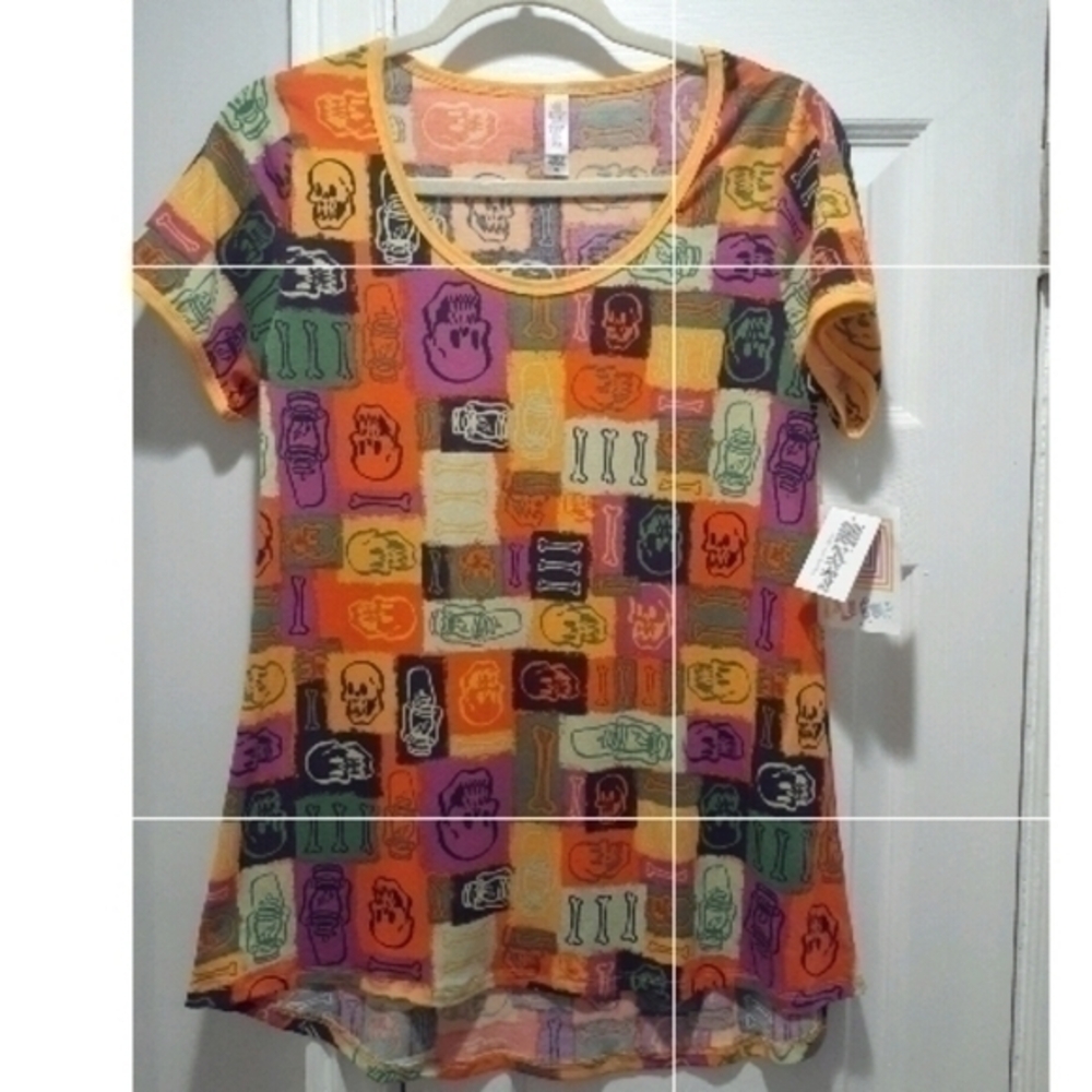 LuLaRoe Halloween Skull Skeleton Graphic Tunic Top XS Colorful
